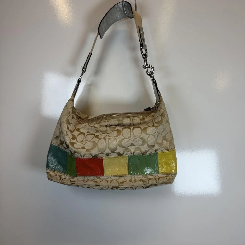 Coach Hobo Bag Womens Medium Beige Signature Poppy Multicolor‎ Patchwork Canvas